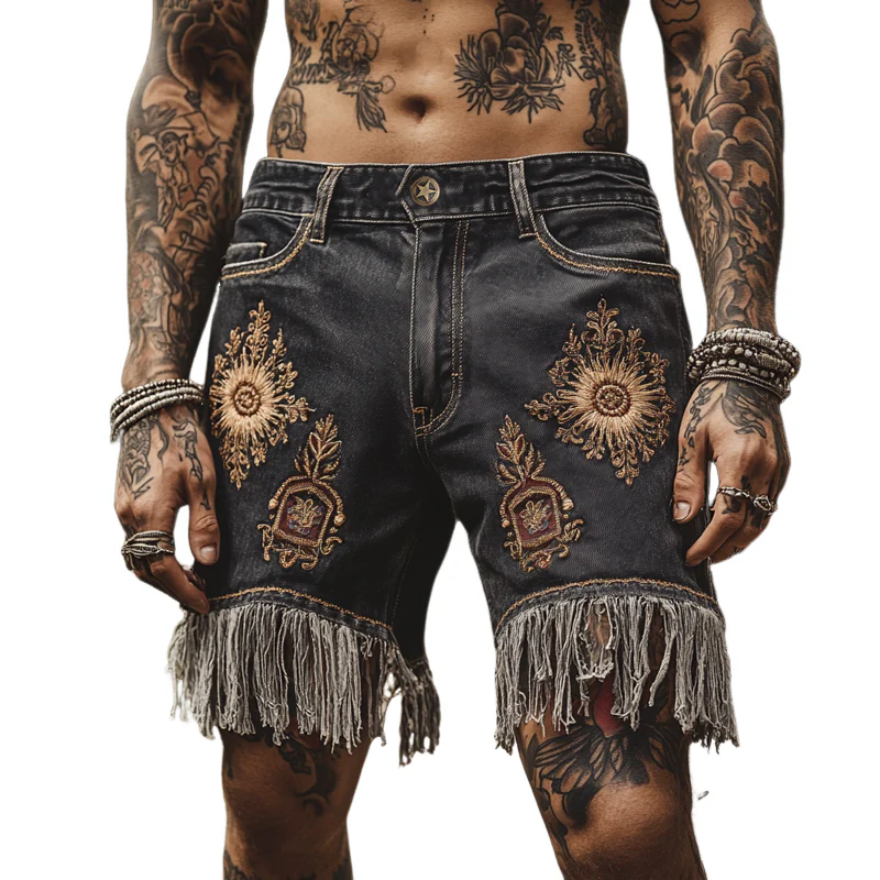 Nathan | Men'S Vintage Embroidered Tassel Denim Shorts