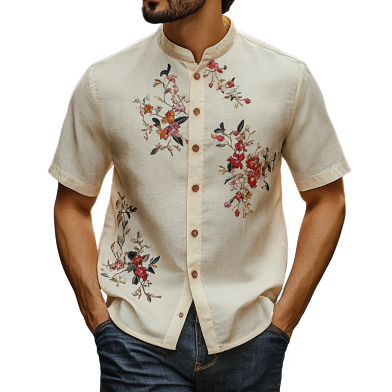 Nathaniel | Men'S Vintage Flower Embroidery Breathable Linen Stand Collar Slim Fit Short Sleeve Shirt