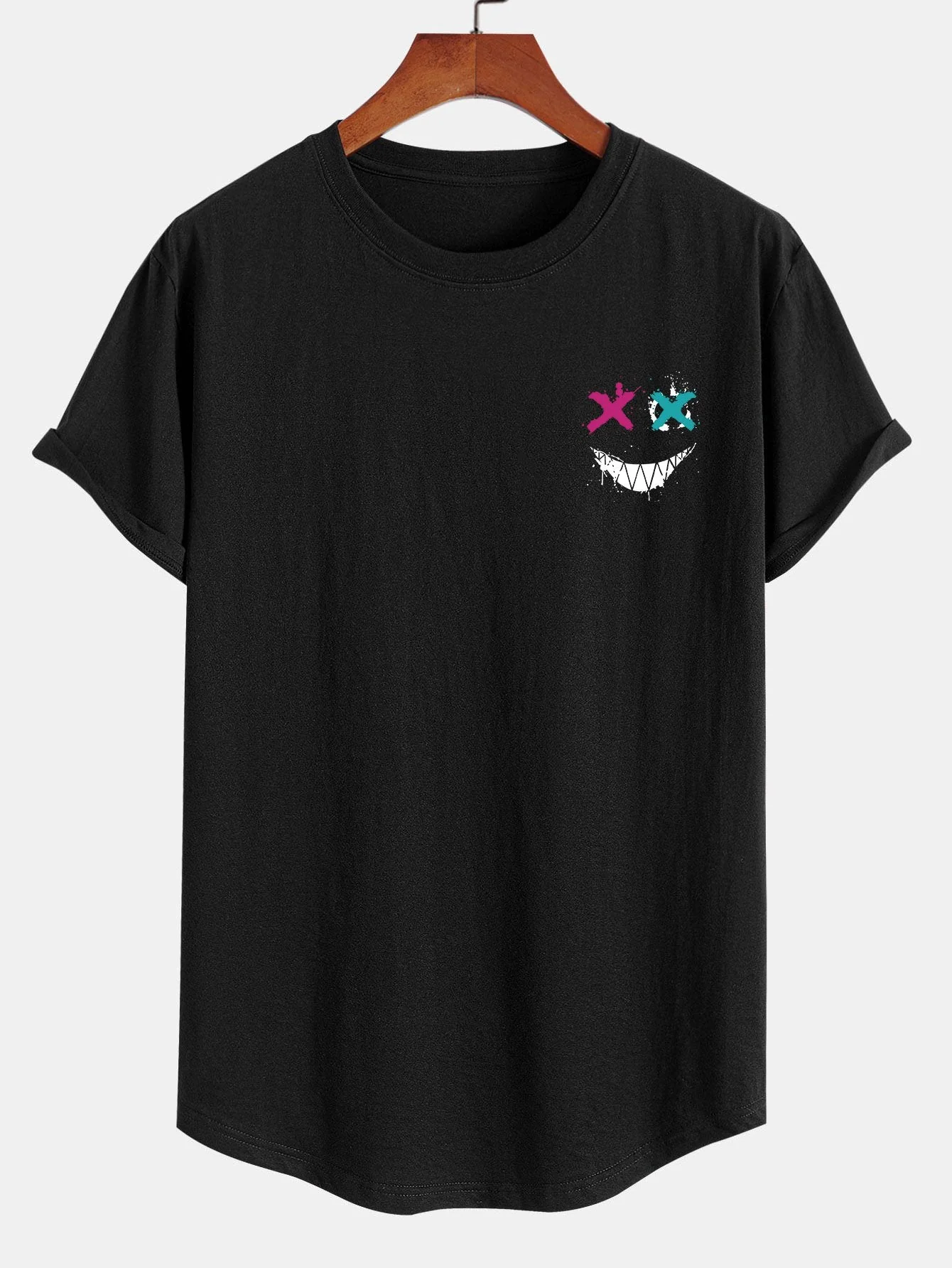Neal® | Evil Face Print Cotton Arc Hem T-Shirt