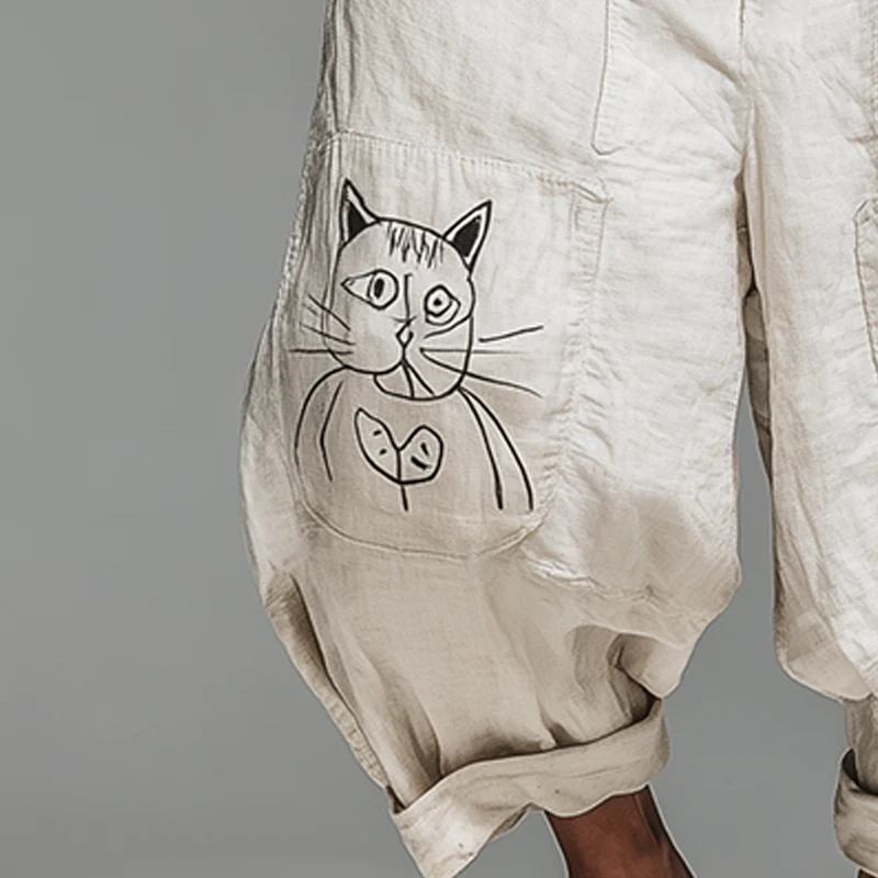 Neil | Men'S Summer Fashion Cat Print Cotton And Linen Bloomers - Image 3