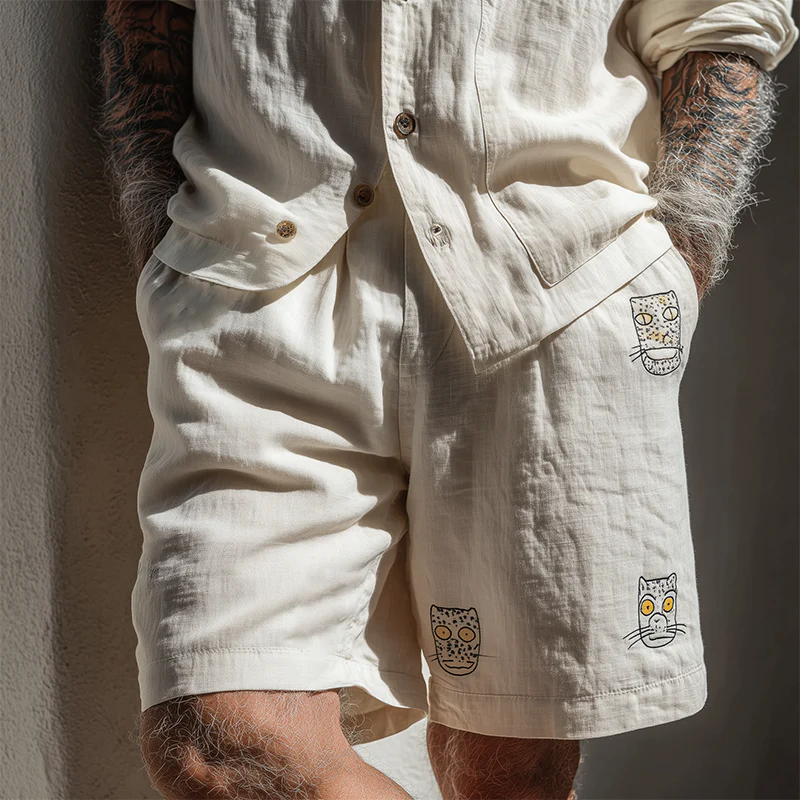Nelson | Men'S Summer Fashion Cat Embroidery Slub Cotton Casual Shorts - Image 2