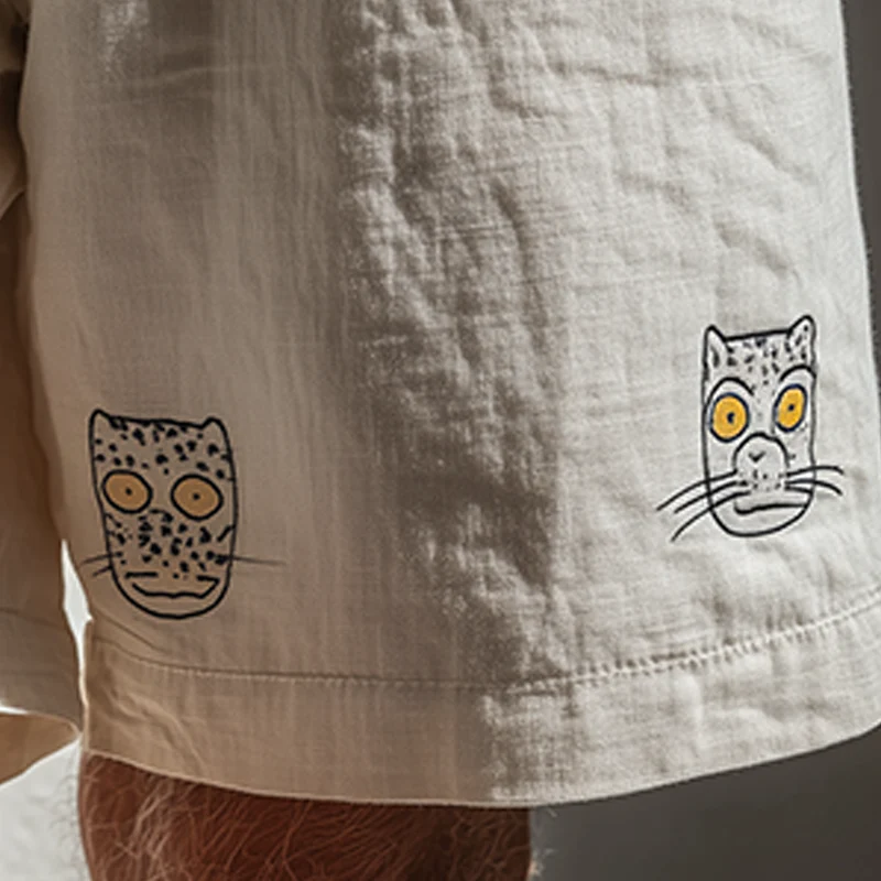 Nelson | Men'S Summer Fashion Cat Embroidery Slub Cotton Casual Shorts - Image 4