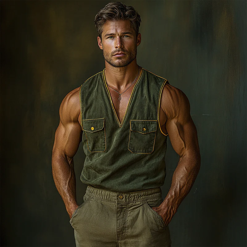 Nelson | Men'S Vintage Washed V-Neck Sleeveless Workwear Multi-Pocket Tank Tops - Image 3