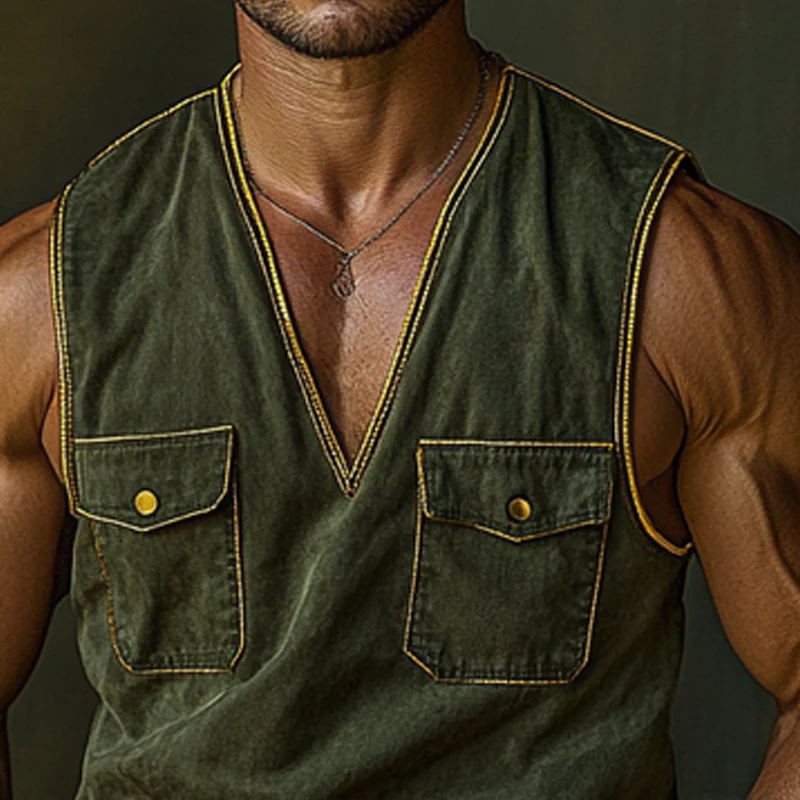 Nelson | Men'S Vintage Washed V-Neck Sleeveless Workwear Multi-Pocket Tank Tops - Image 4