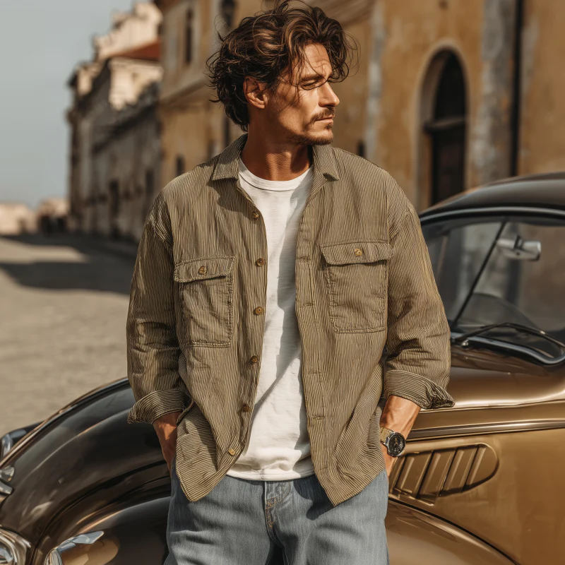 Nestor | Men'S Casual Breathable Cotton Striped Lapel Chest Pocket Loose Long Sleeve Shirt - Image 3