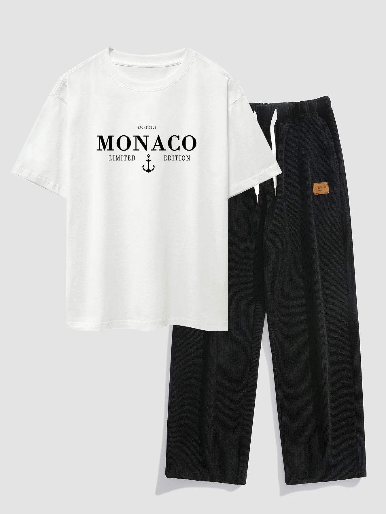 Nicandro® | Monaco Slogan Print Drop Shoulder Oversize T-Shirt & Straight Leg Corduroy Pants - Image 2