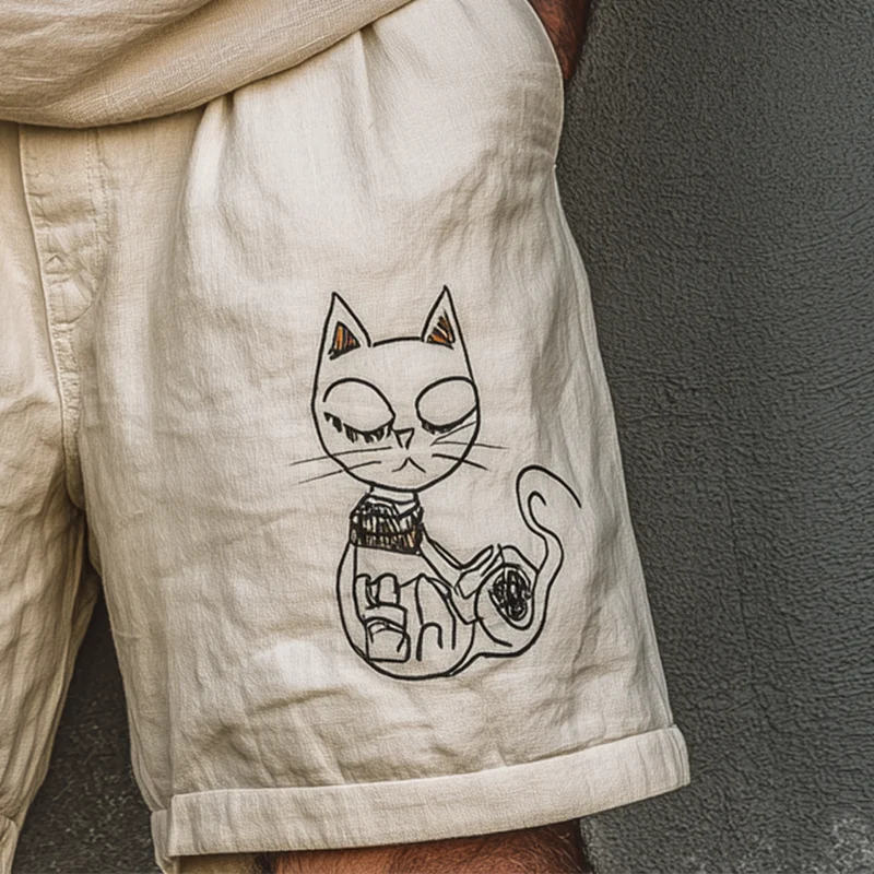 Nicholas | Men'S Summer Fashion Cat Print Linen Blend Casual Shorts - Image 4