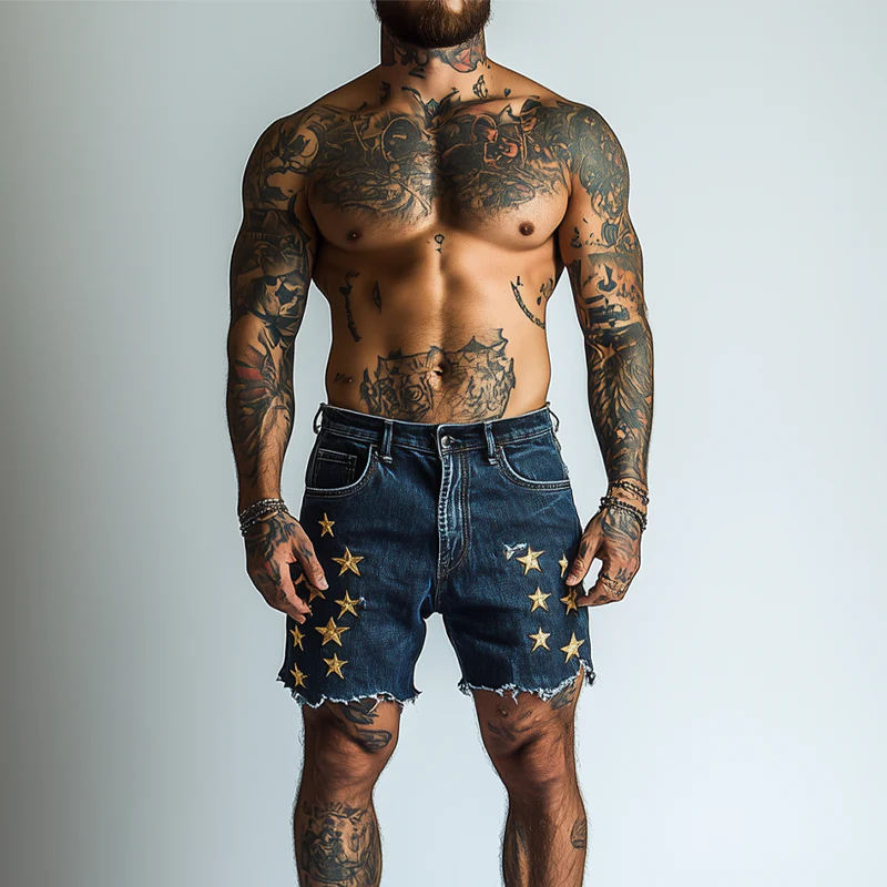 Noel | Men'S Star Embroidered Denim Shorts - Image 3