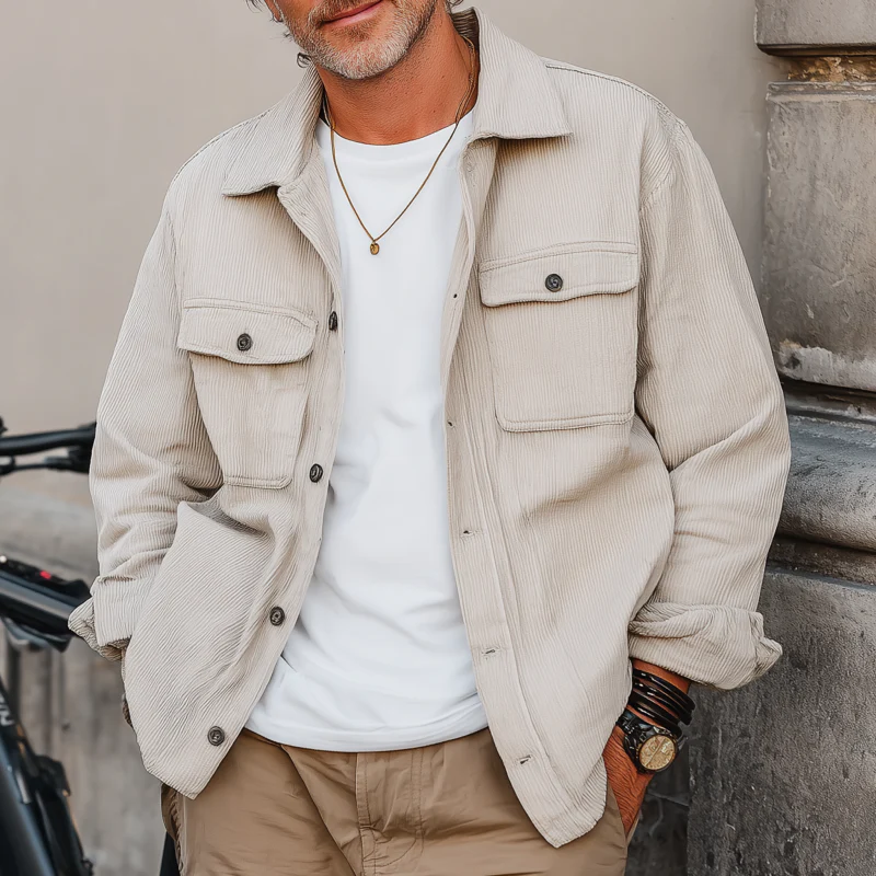 Octavio | Men'S Casual Solid Color Corduroy Lapel Flap Pocket Single Breasted Loose Long Sleeve Shirt Jacket - Image 2