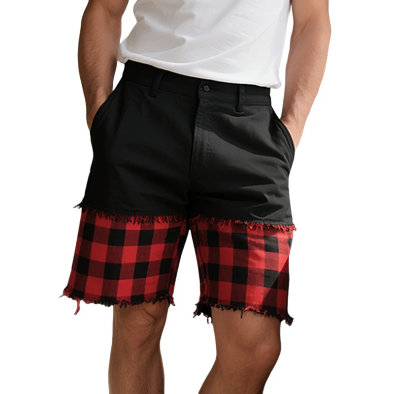 Octavio | Men'S Spring And Summer Casual American Western Style Cotton Blended Stitching Plaid Raw Edge Shorts