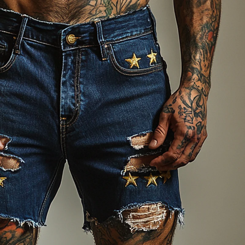 Olaf | Men'S Star Embroidered Ripped Denim Shorts - Image 2