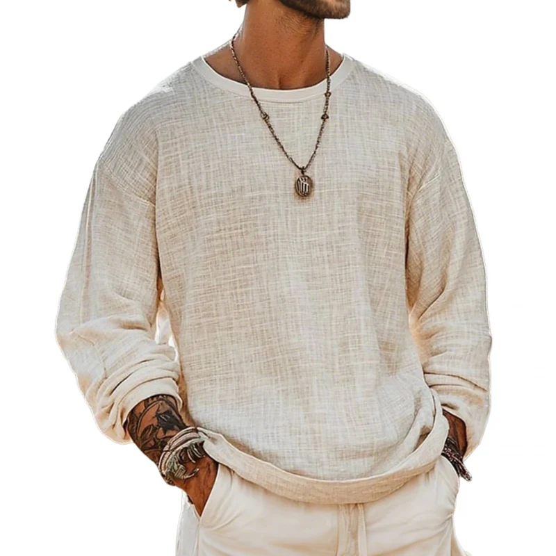 Oliver | Men'S Casual Breathable Cotton Linen Round Neck Loose Long-Sleeved T-Shirt