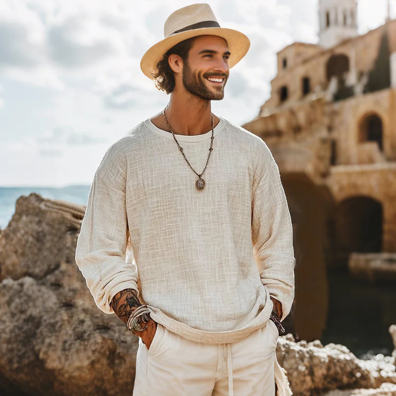 Oliver | Men'S Casual Breathable Cotton Linen Round Neck Loose Long-Sleeved T-Shirt - Image 3