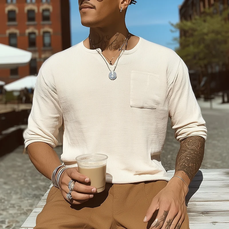 Pablo | Men'S Casual Cotton Blend Solid Color Ribbed V-Neck Slim Fit Long Sleeve T-Shirt - Image 2
