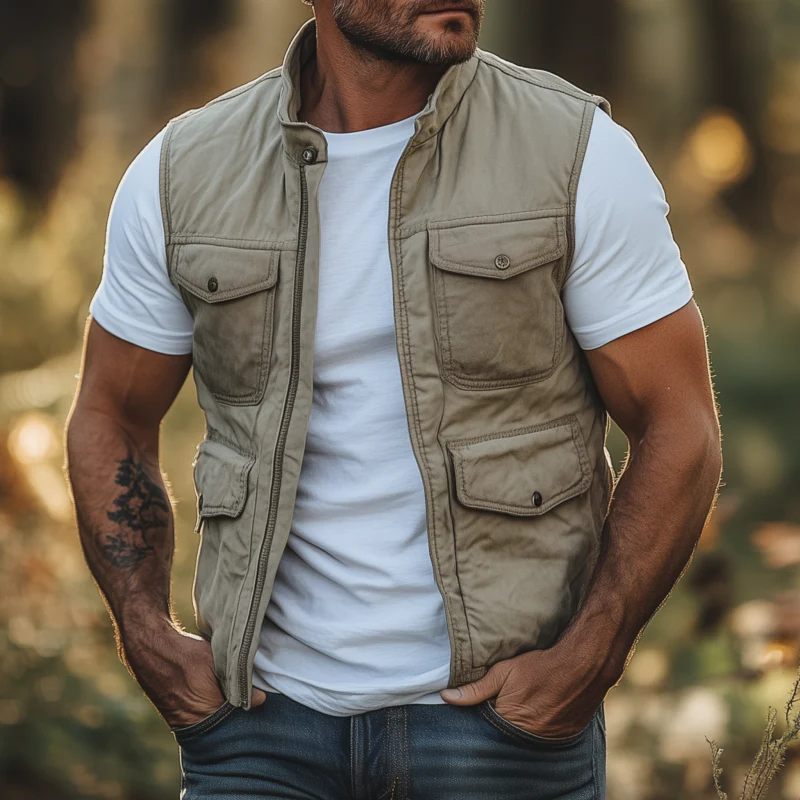 Pablo | Men'S Casual Outdoor Washed Cotton Stand Collar Zipper Placket Multi-Pocket Work Vest - Image 2