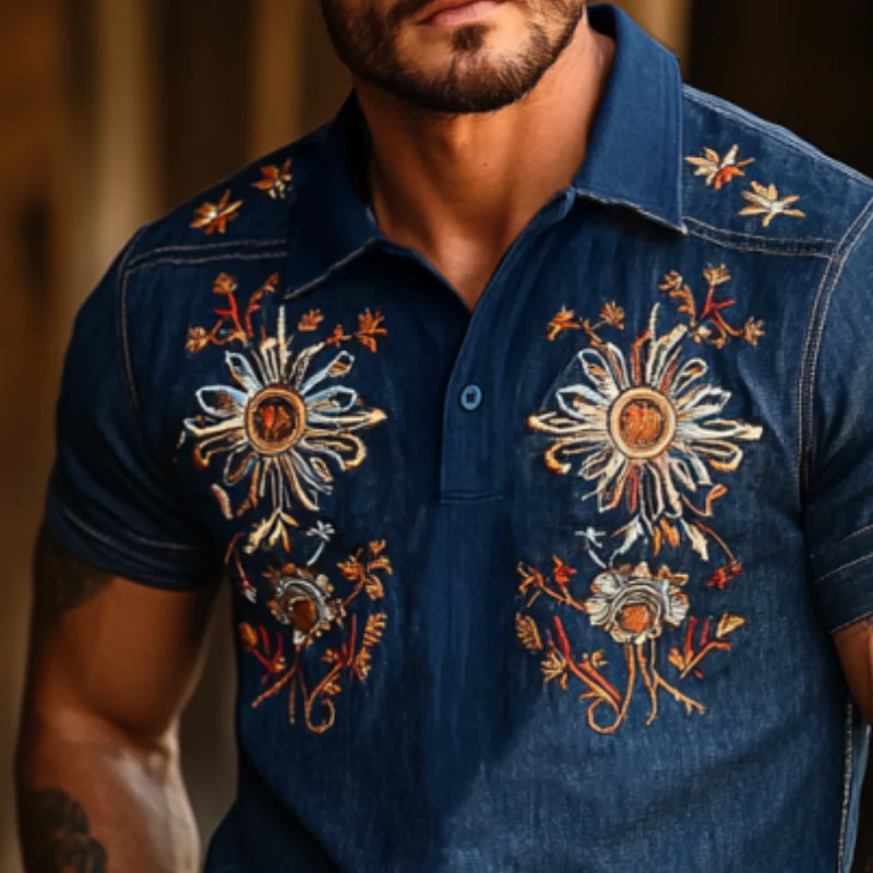 Pat | Men'S Western Style Embroidered Denim Short Sleeve Polo Shirt - Image 2