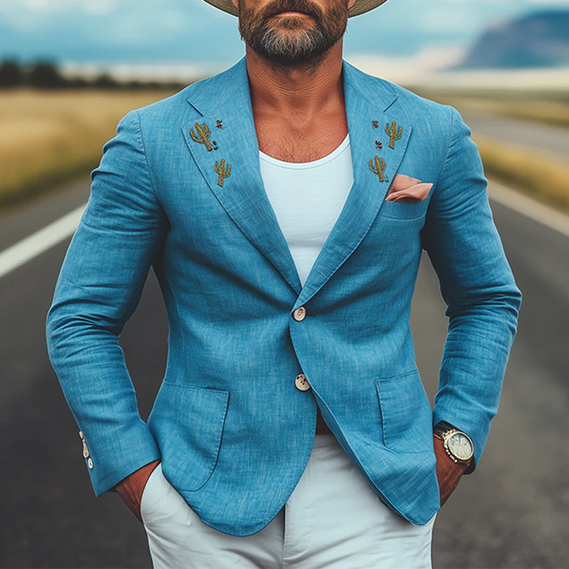 Patricio | Men'S Spring And Summer Casual American Western Tough Style Cactus Embroidered Blue Cotton And Linen Single-Breasted Blazer - Image 2
