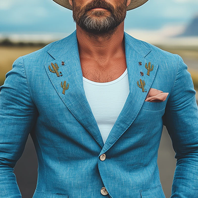 Patricio | Men'S Spring And Summer Casual American Western Tough Style Cactus Embroidered Blue Cotton And Linen Single-Breasted Blazer - Image 4