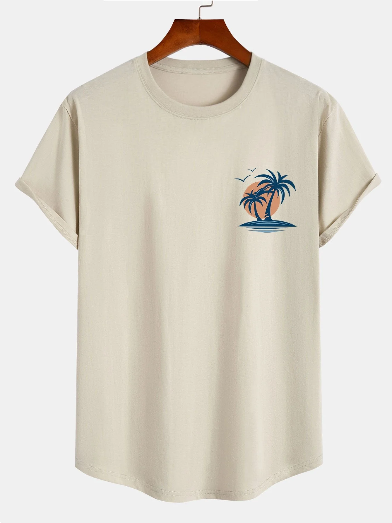 Pedro® | Palm Tree Seagull Print Cotton Arc Hem T-Shirt