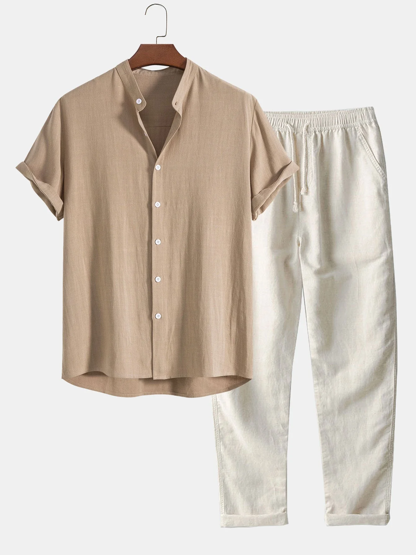 Perfecto® | Linen And Rayon Blend Stand Collar Shirt & Straight Leg Linen Pants