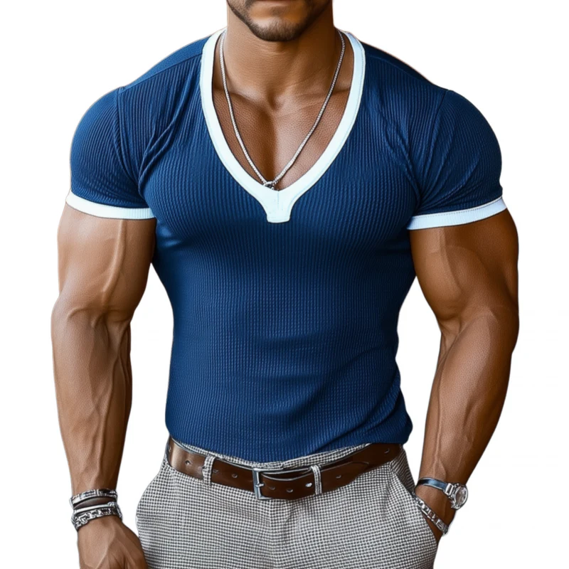 Perry | Men'S Casual Cotton Blended Contrast Color Ribbed V-Neck Tight Short Sleeve T-Shirt