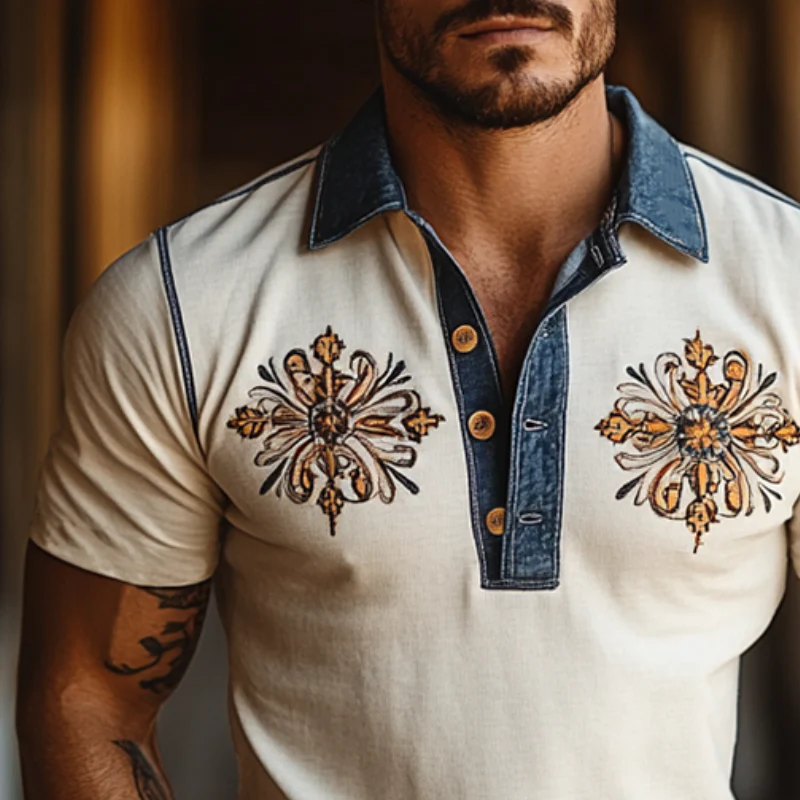 Peter | Men'S Western Style Embroidered Stitching Imitation Denim Slim Fit Short Sleeve Polo Shirt - Image 2