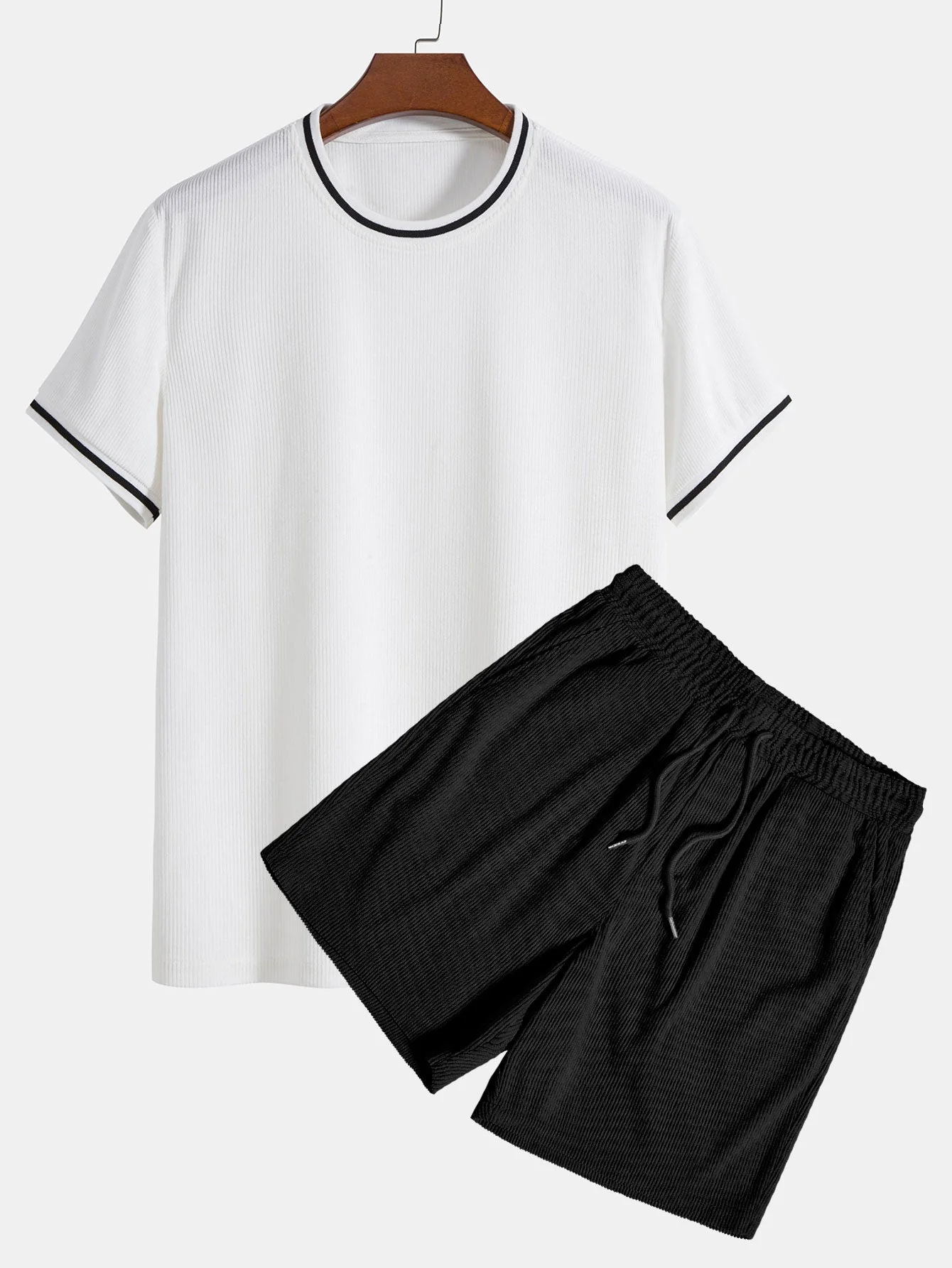 Pompeyo® | Short Sleeve Stretch Corduroy Ringer T-Shirt & Corduroy Shorts - Image 2