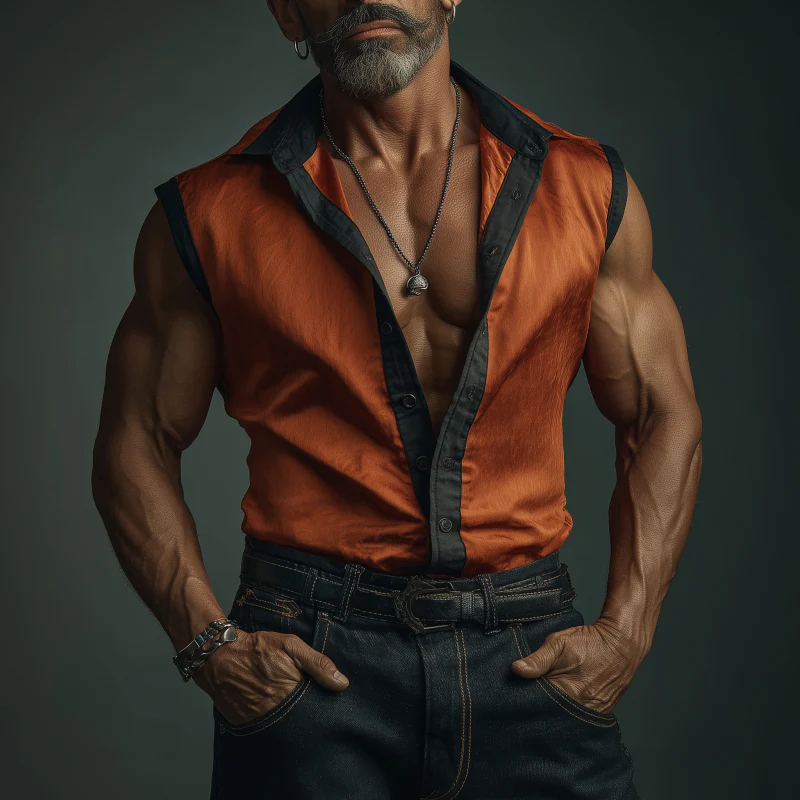 Quintin | Men'S Casual Colorblock Patchwork Satin Lapel Single-Breasted Slim-Fit Sleeveless Shirt - Image 3