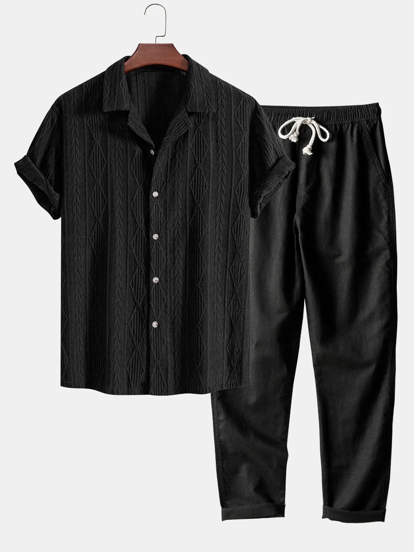 Rafael® | Geometric Jacquard Eyelet Cuban Shirt & Straight Leg Linen Pants - Image 3