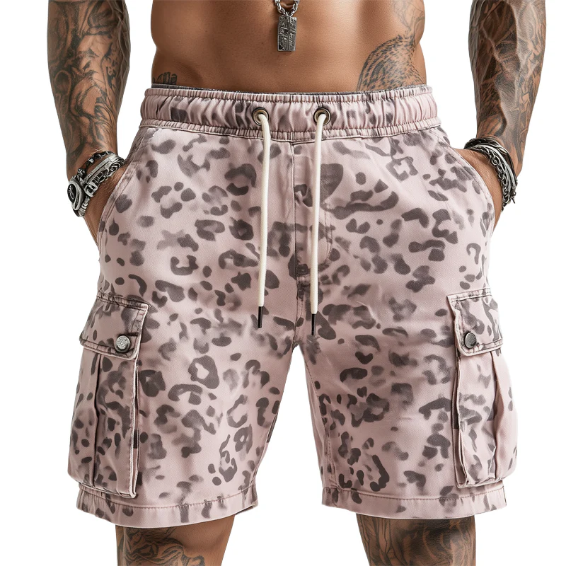 Rhett | Men'S Summer Leopard Print Elastic Lace-Up Cargo Shorts