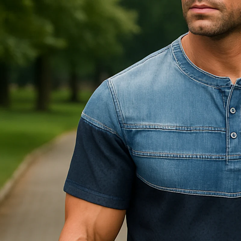 Richard | Men'S Summer Fashion Denim Sports Fabric Patchwork Short Sleeve Henley Shirt - Image 3