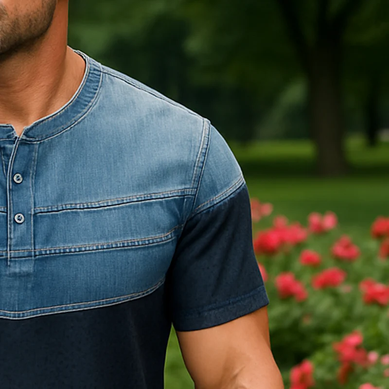 Richard | Men'S Summer Fashion Denim Sports Fabric Patchwork Short Sleeve Henley Shirt - Image 4