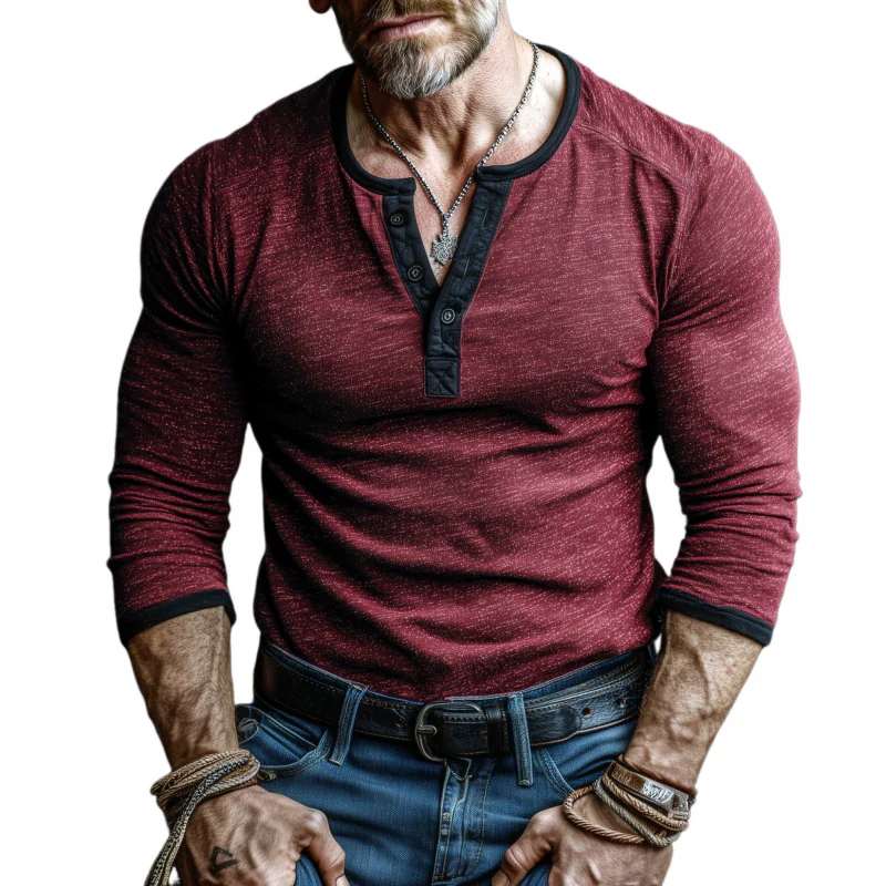 Roberto | Men'S Casual Cotton Contrast Color Patchwork Henry Collar Slim Fit Long Sleeve T-Shirt