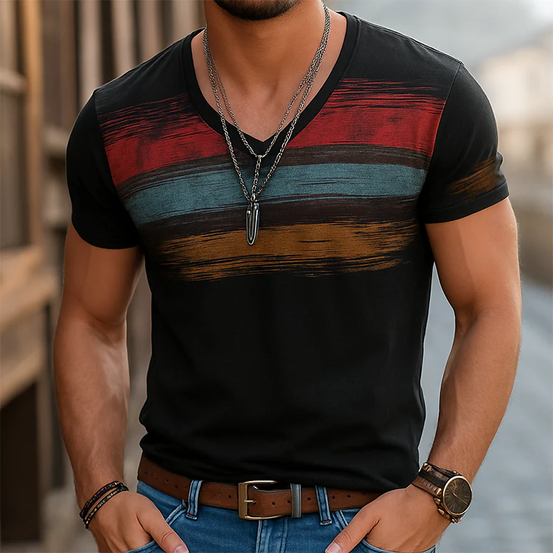 Roberto | Men'S Retro Casual Shabby Striped Printed V-Neck Short Sleeve T-Shirt - Image 2