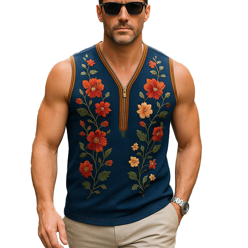 Roberto | Men'S Summer Fashion Embroidered Cotton And Linen Tank Top