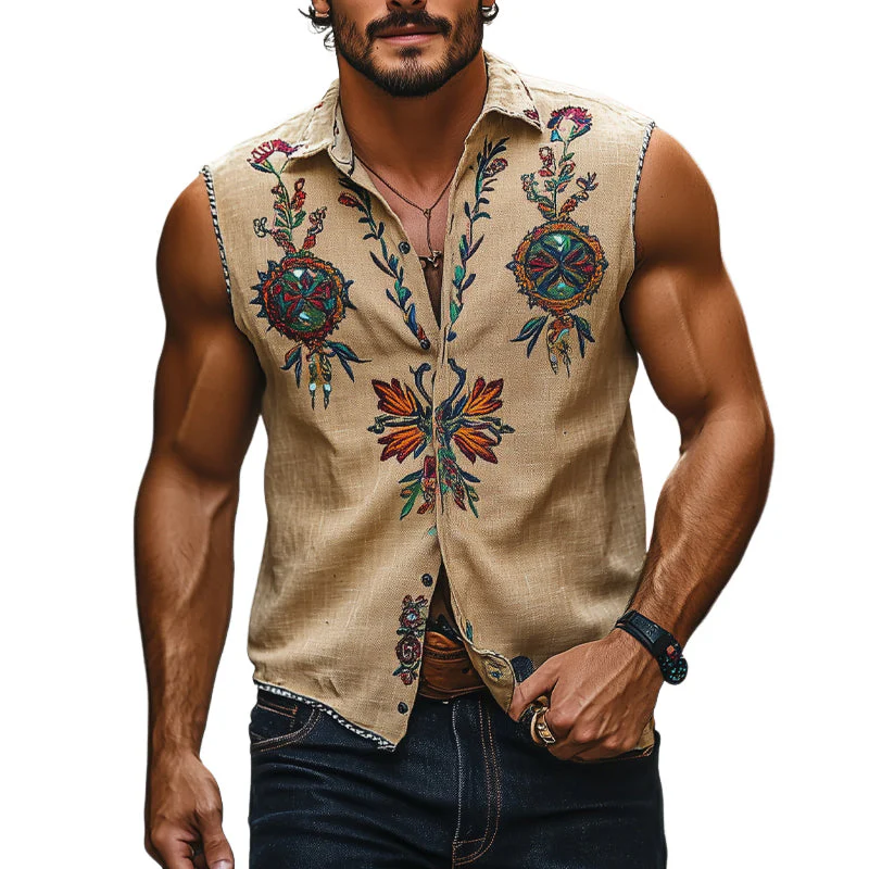 Rodney | Men'S Vintage Floral Embroidered Lapel Sleeveless Shirt