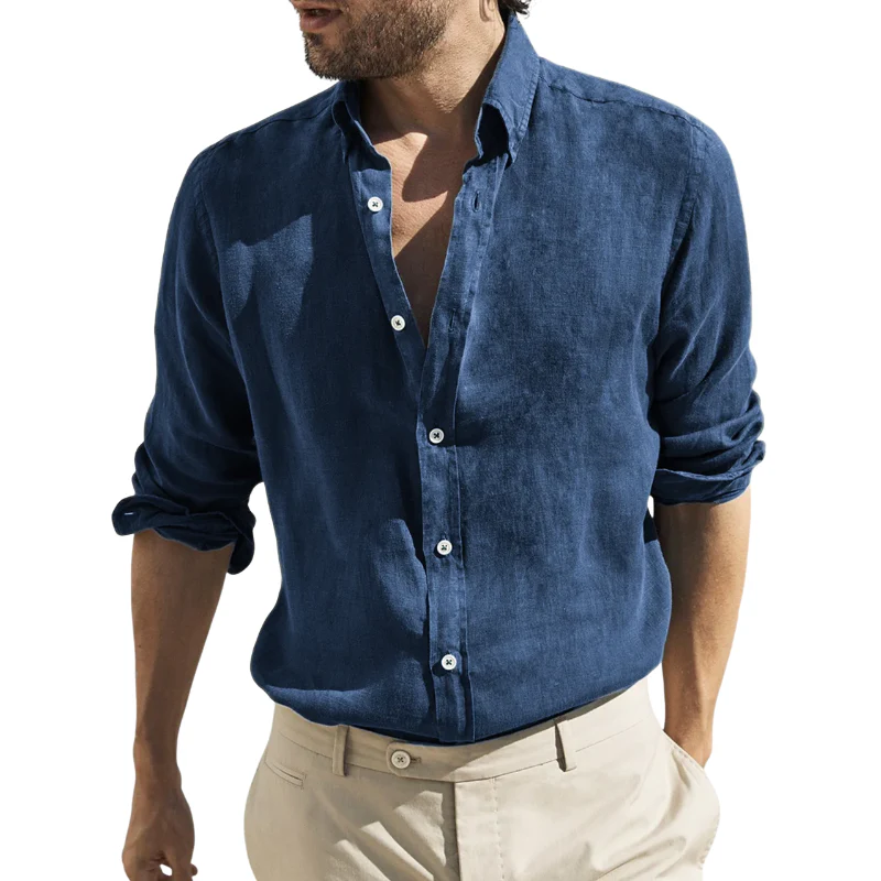 Rodolfo | Men'S Retro Casual Washed Cotton And Linen Lapel Long Sleeve Shirt - Image 3