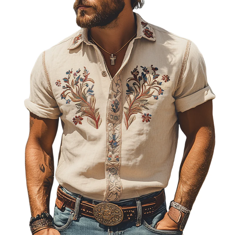 Roger | Men'S Summer Fashion Classic Retro Western Style Embroidered Cotton And Linen Short Sleeve Shirt