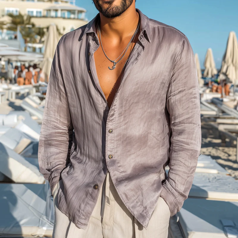 Roland | Men'S Casual Breathable Solid Color Tencel Blended Lapel Loose Long Sleeve Shirt - Image 2