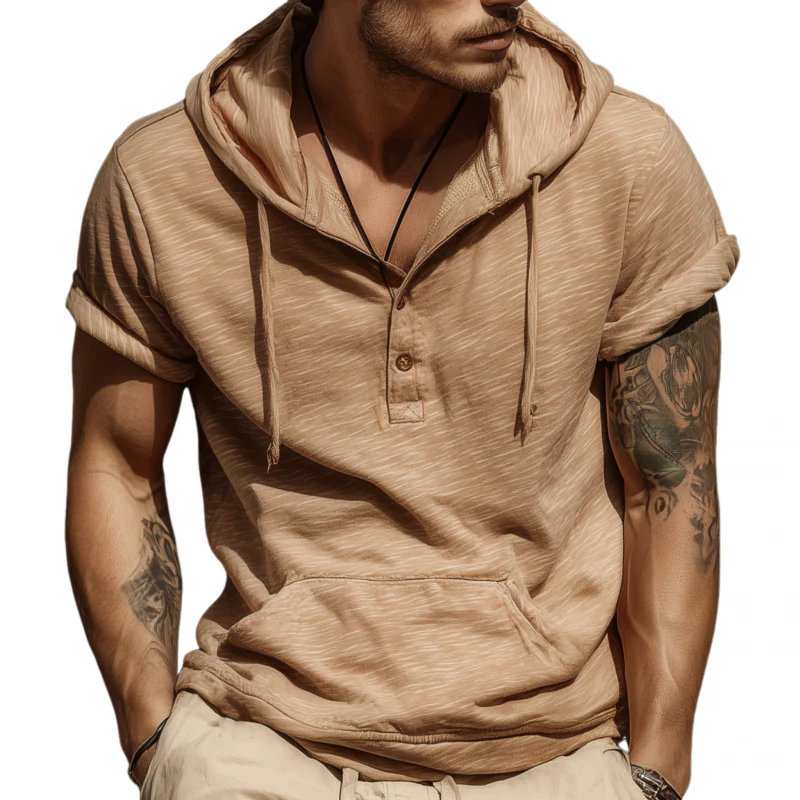 Ron | Men'S Casual Breathable Skin-Friendly Cotton Loose Pullover Kangaroo Pocket Short-Sleeved Hoodie