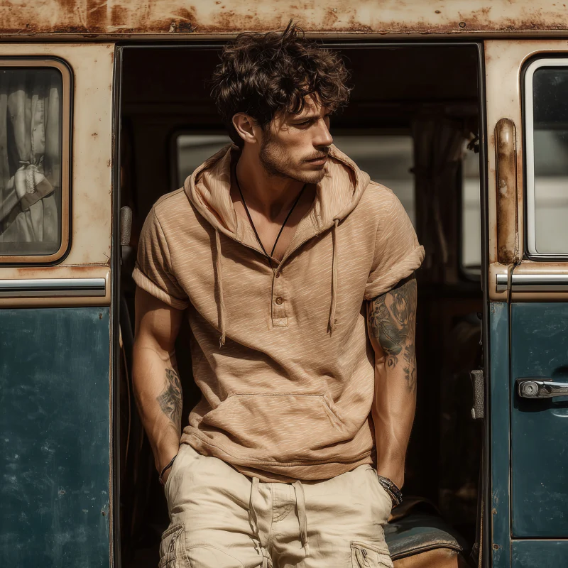 Ron | Men'S Casual Breathable Skin-Friendly Cotton Loose Pullover Kangaroo Pocket Short-Sleeved Hoodie - Image 3