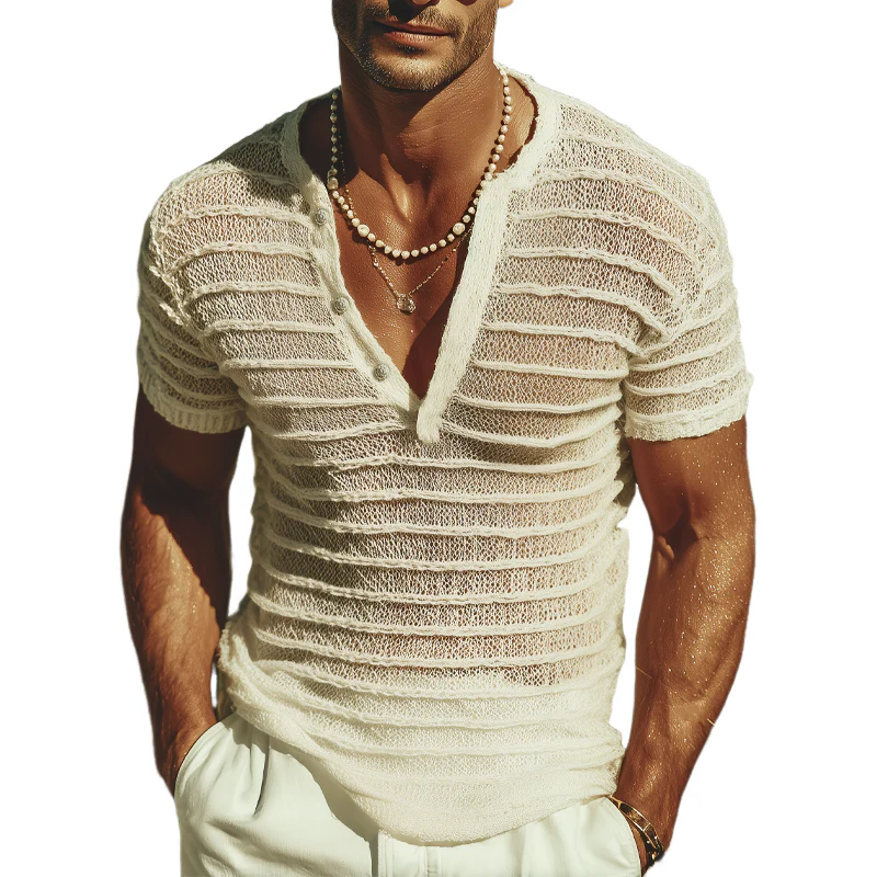 Ron | Men'S Summer Fashion V-Neck Striped Jacquard Knitted Short Sleeve T-Shirt