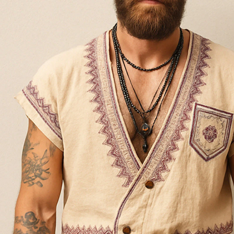 Ronald | Men'S Summer Exquisite Embroidered V-Neck T-Shirt Shorts Set - Image 3