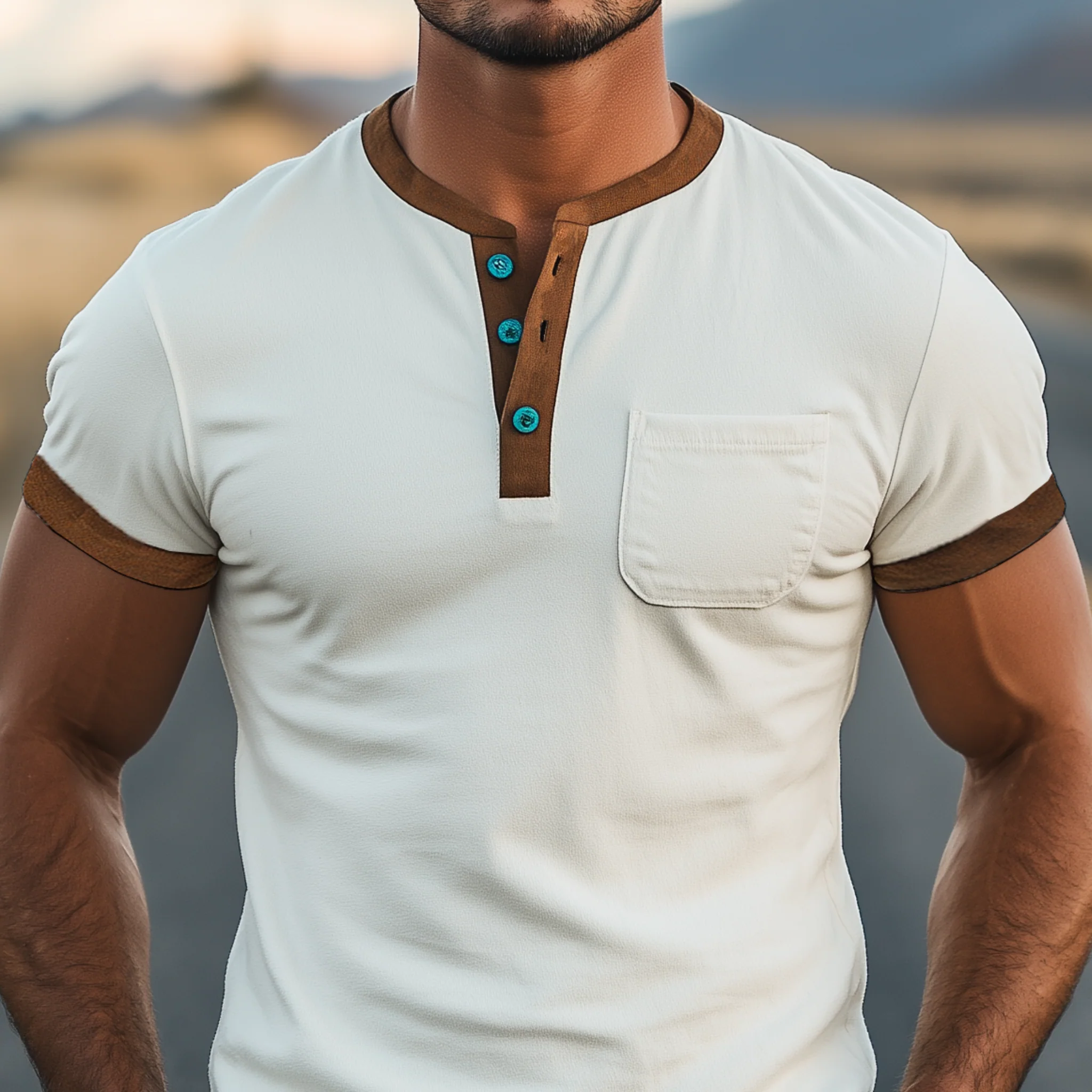 Roscoe | Men'S Spring And Summer Casual Henley Collar Thin Suede Splicing Slim Short Sleeve T-Shirt - Image 4