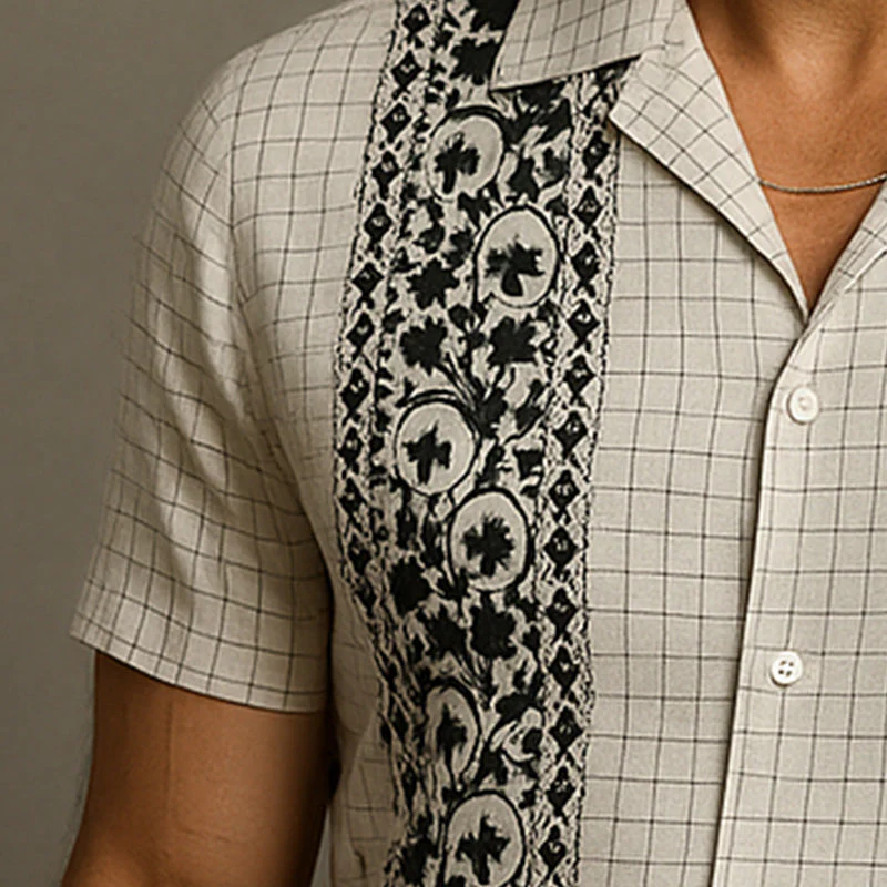 Ross | Men'S Summer Fashion Embroidered Check Linen Short Sleeve Shirt - Image 3