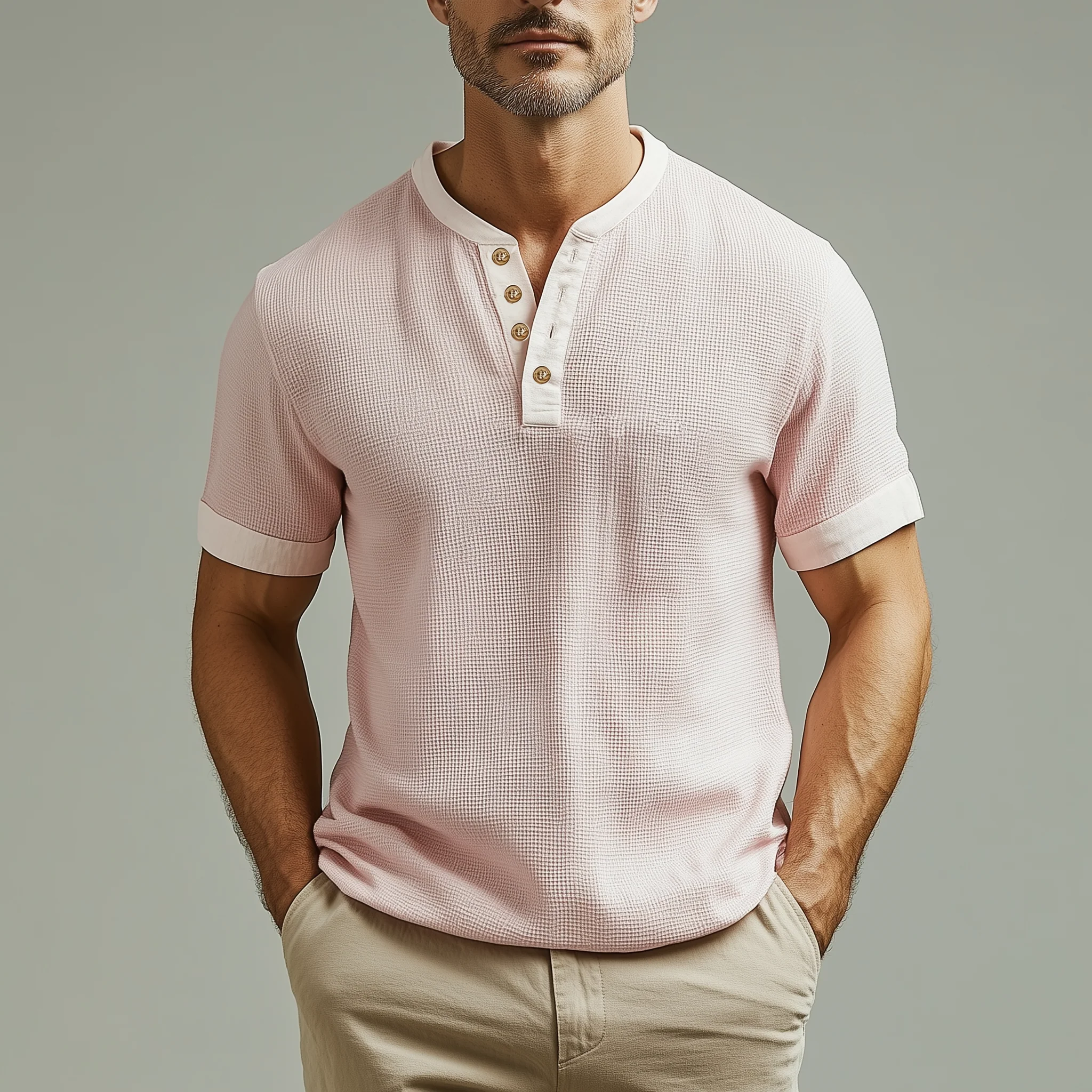 Royce | Men'S Spring And Summer Casual Henley Collar Waffle Stitching Cotton Blended Short Sleeve T-Shirt - Image 3