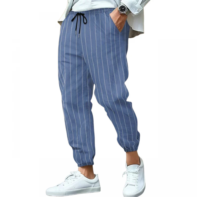 Rudolph | Men'S Casual Breathable Cotton Linen Striped Elastic Waist Loose Cuff Pants