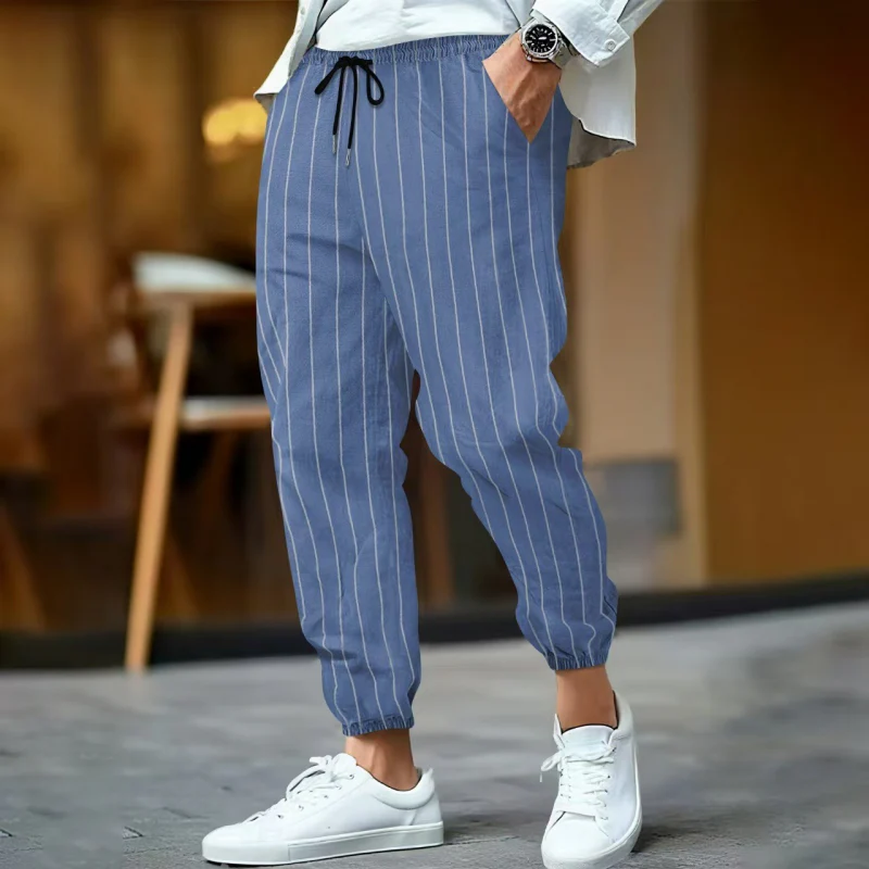 Rudolph | Men'S Casual Breathable Cotton Linen Striped Elastic Waist Loose Cuff Pants - Image 2