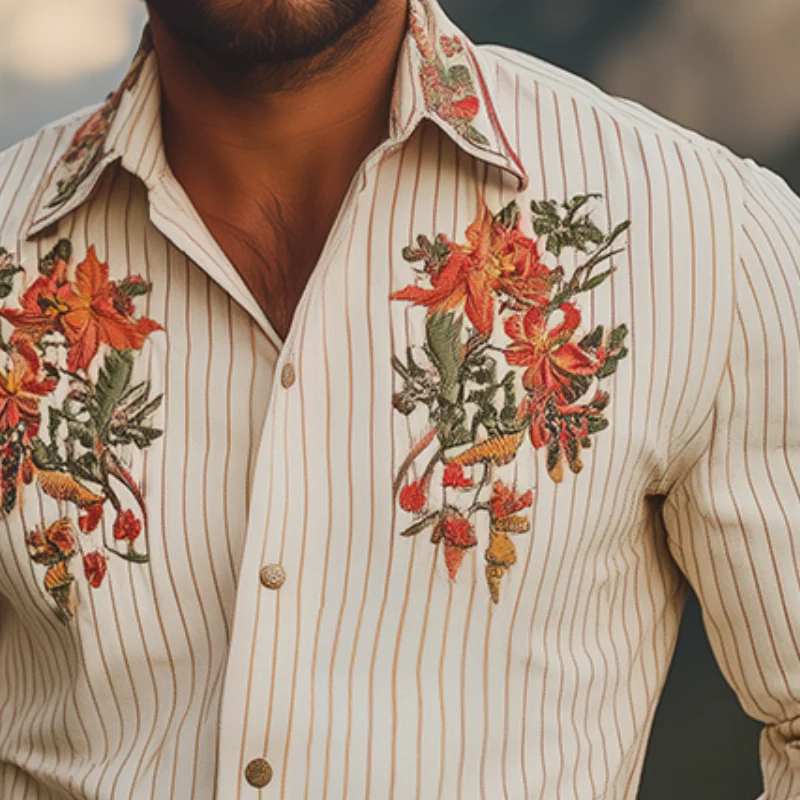 Russell | Men'S Vintage Casual Floral Embroidery Striped Lapel Long Sleeve Shirt - Image 3