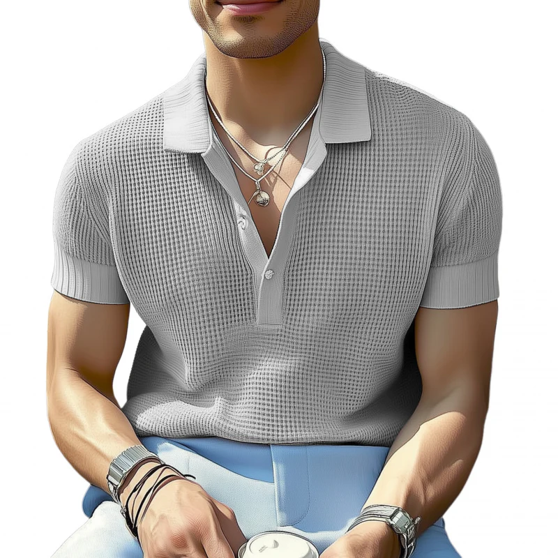 Santiago | Men'S Casual Solid Color Breathable Lapel Loose Knitted Short-Sleeved Polo Shirt - Image 2